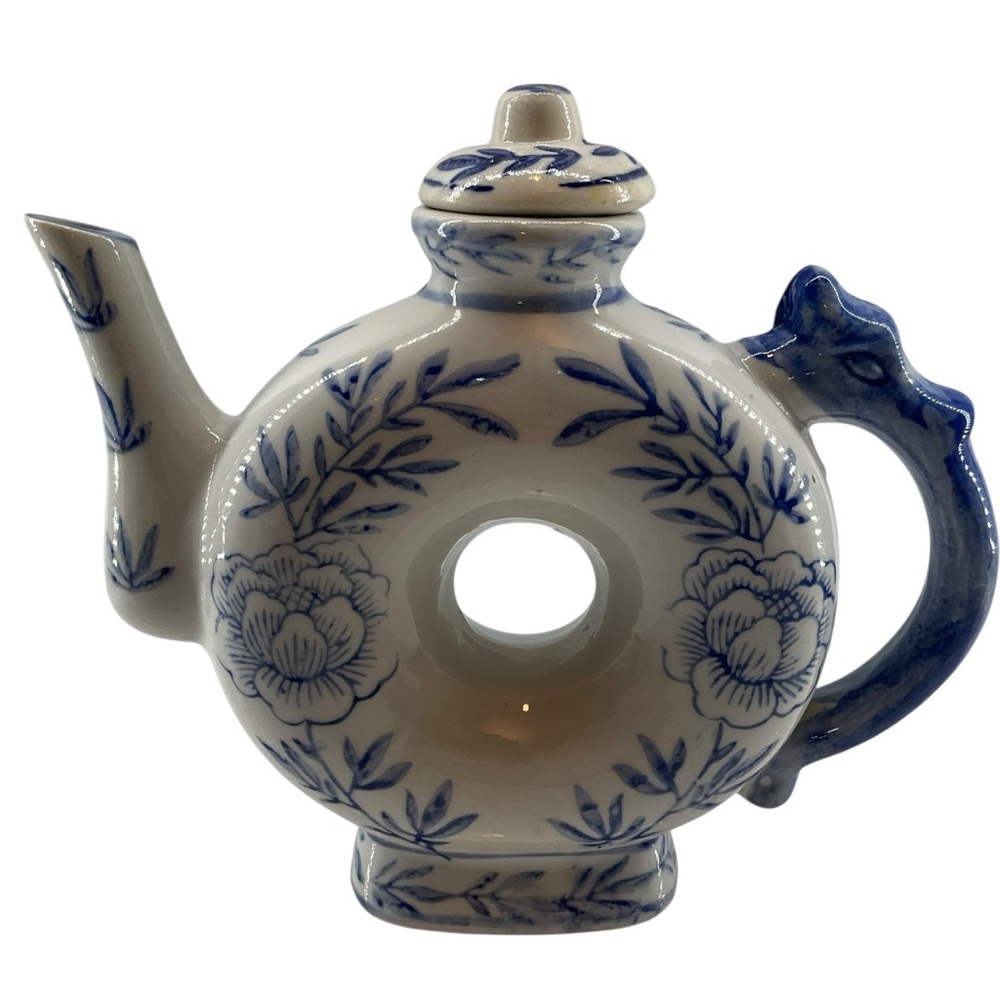 DONUT Shaped Teapot Chinoiserie Floral White Blue
